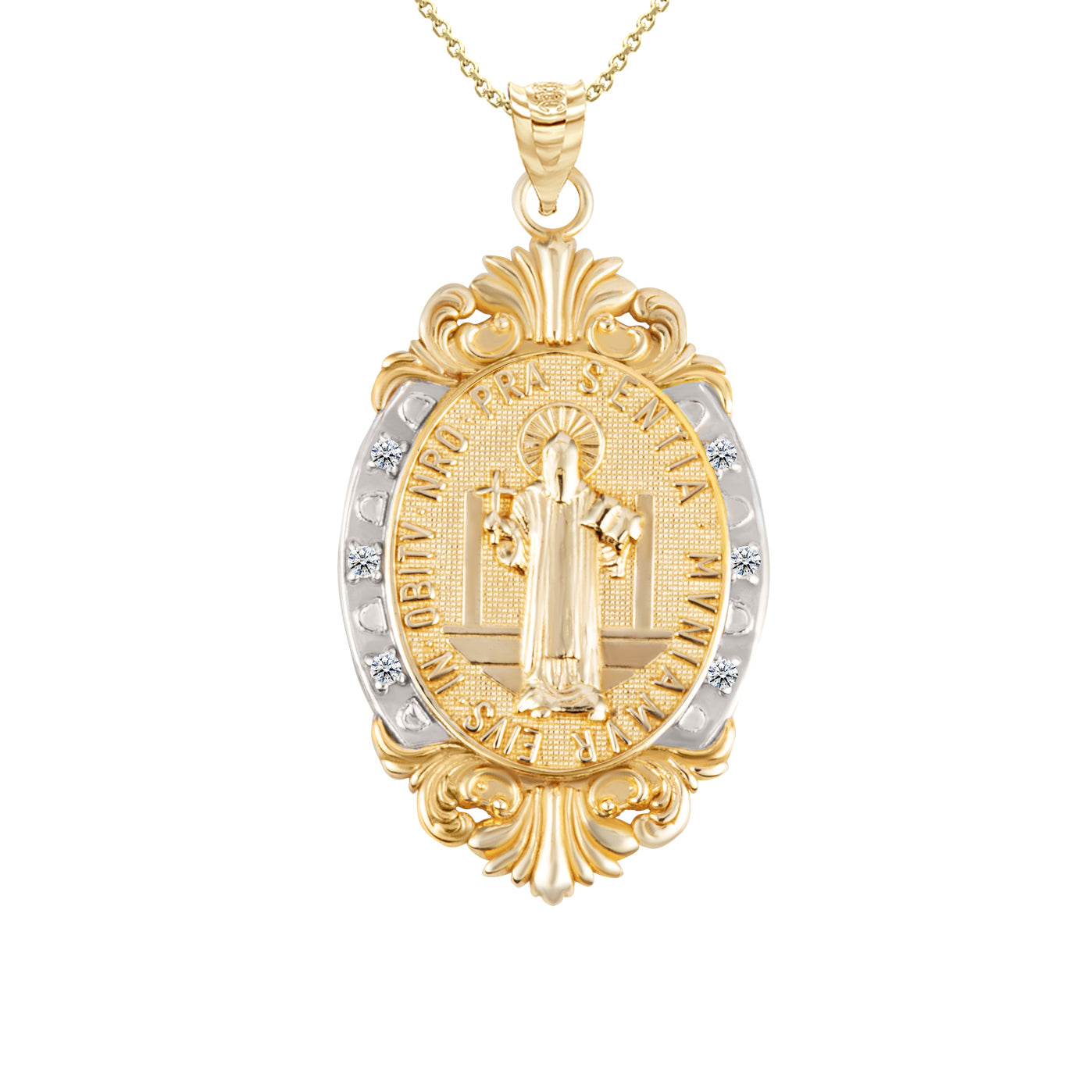 Gold Diamond Oval Saint Medallion Victorian Frame Pendant Necklace, view 20