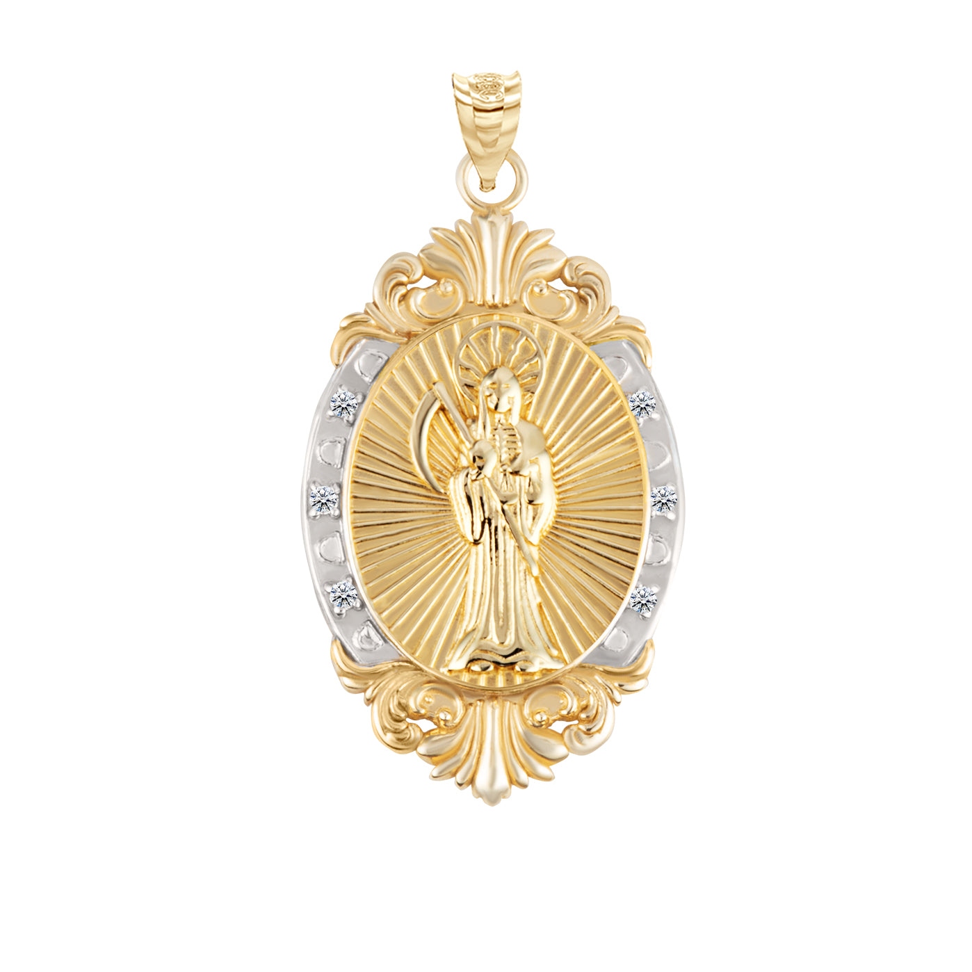 Gold Diamond Oval Saint Medallion Victorian Frame Pendant Necklace, view 21