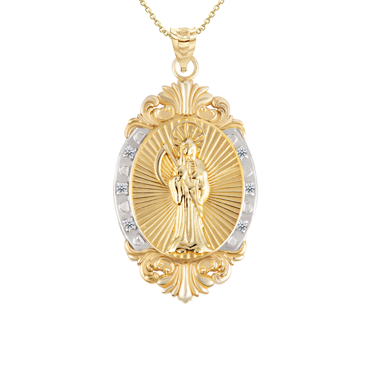Gold Diamond Oval Saint Medallion Victorian Frame Pendant Necklace, view 22