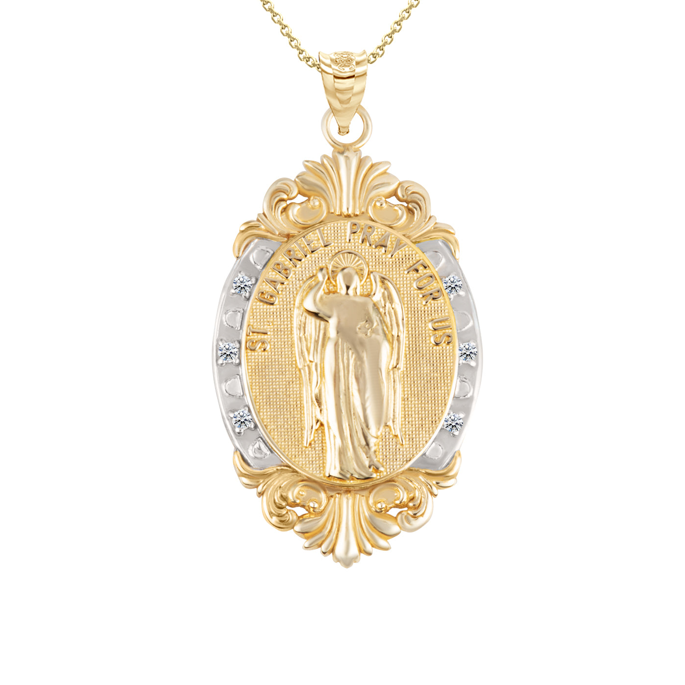 Gold Diamond Oval Saint Medallion Victorian Frame Pendant Necklace, view 24