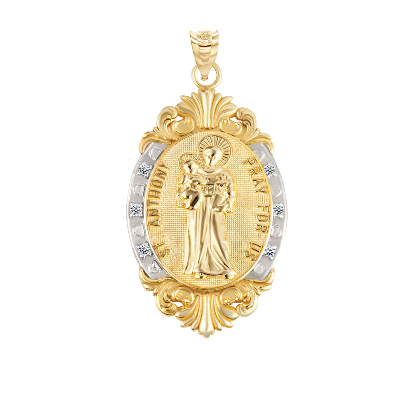Gold Diamond Oval Saint Medallion Victorian Frame Pendant Necklace, view 25