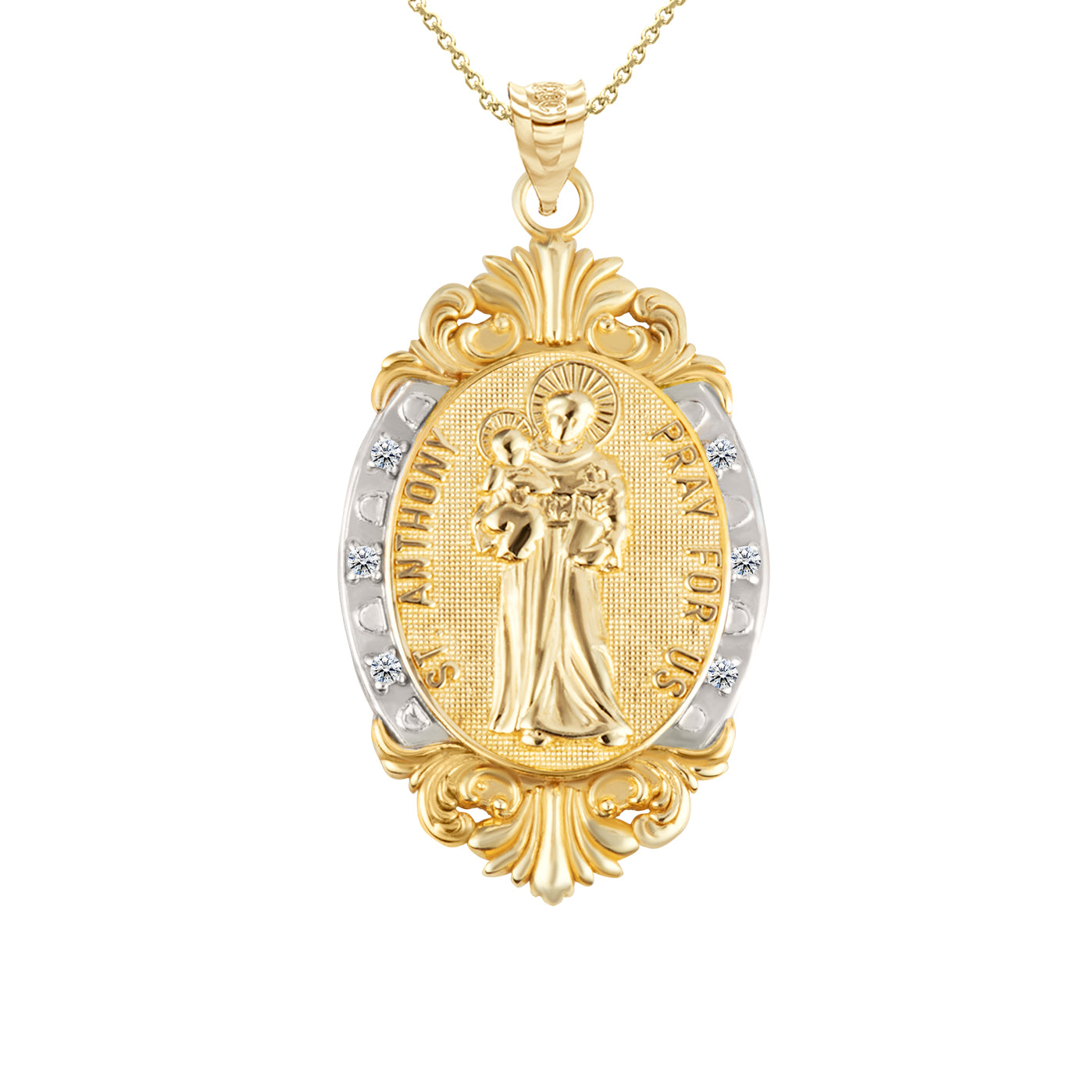 Gold Diamond Oval Saint Medallion Victorian Frame Pendant Necklace, view 26