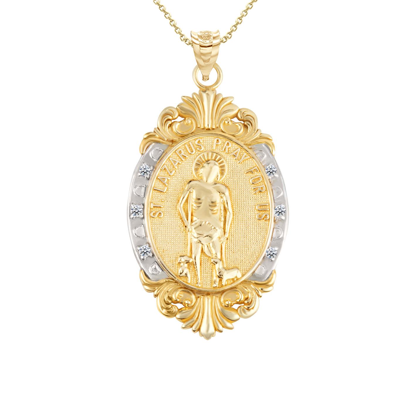 Gold Diamond Oval Saint Medallion Victorian Frame Pendant Necklace, view 28