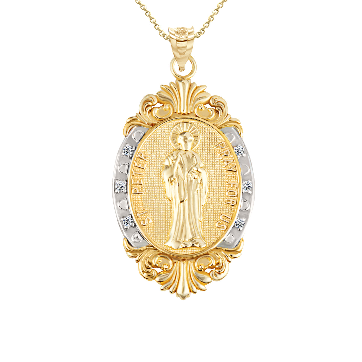 Gold Diamond Oval Saint Medallion Victorian Frame Pendant Necklace, view 30