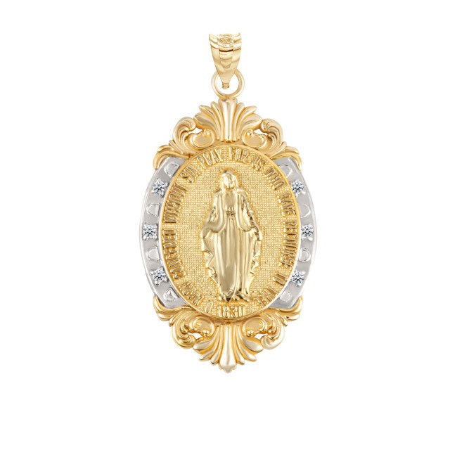 Gold Diamond Oval Virgin Mary Medallion Victorian Frame Pendant Necklace