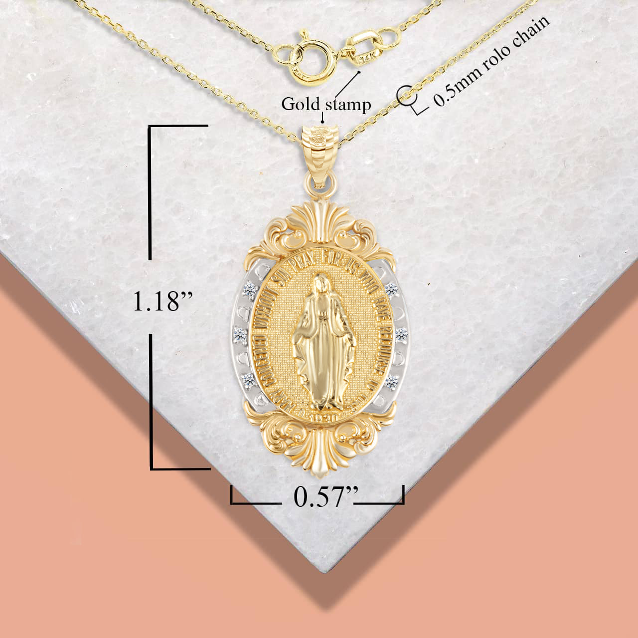 Gold Diamond Oval Virgin Mary Medallion Victorian Frame Pendant Necklace, view 4