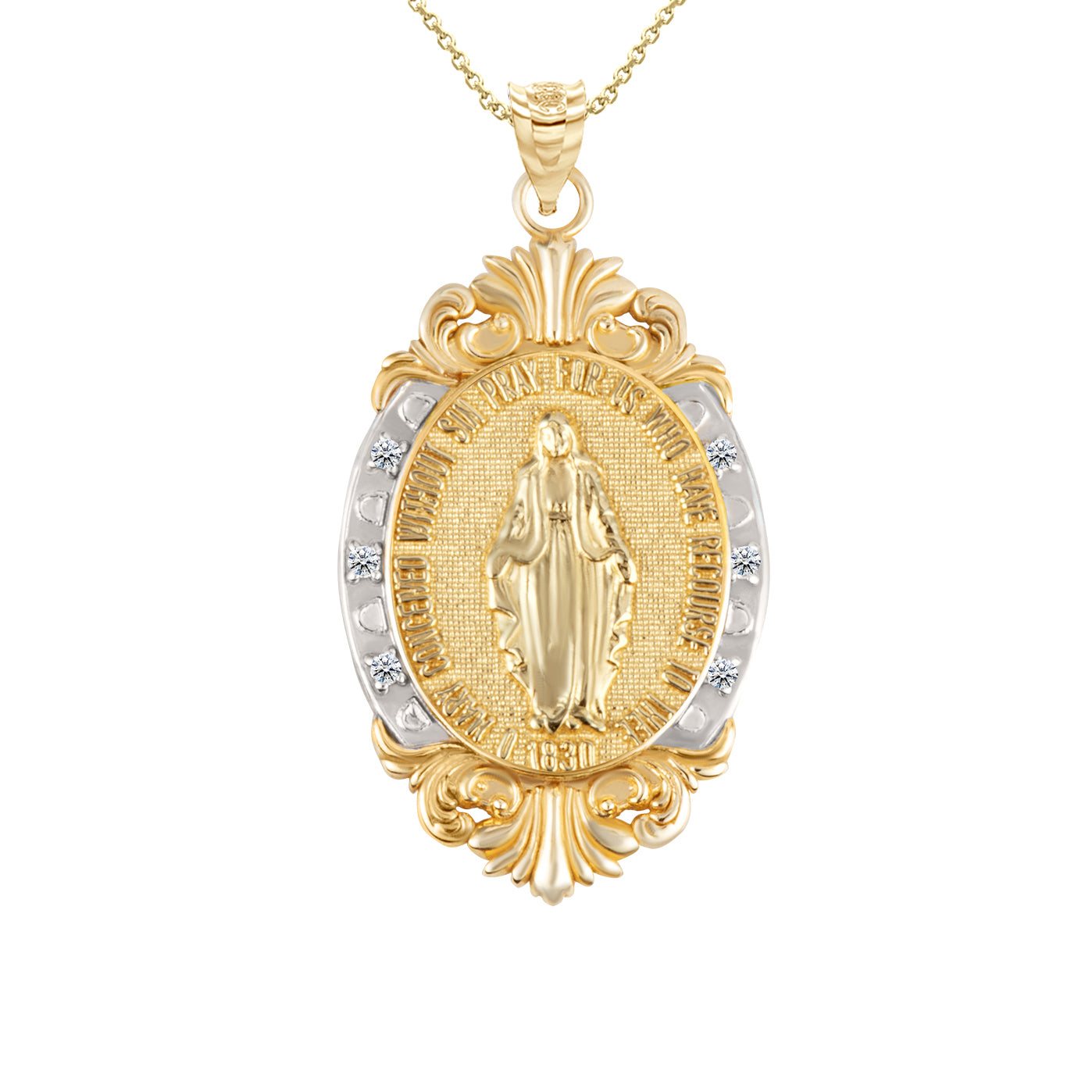 Gold Diamond Oval Virgin Mary Medallion Victorian Frame Pendant Necklace, view 5