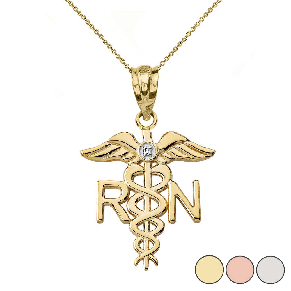 Gold Diamond Registered Nurse RN Caduceus Pendant Necklace