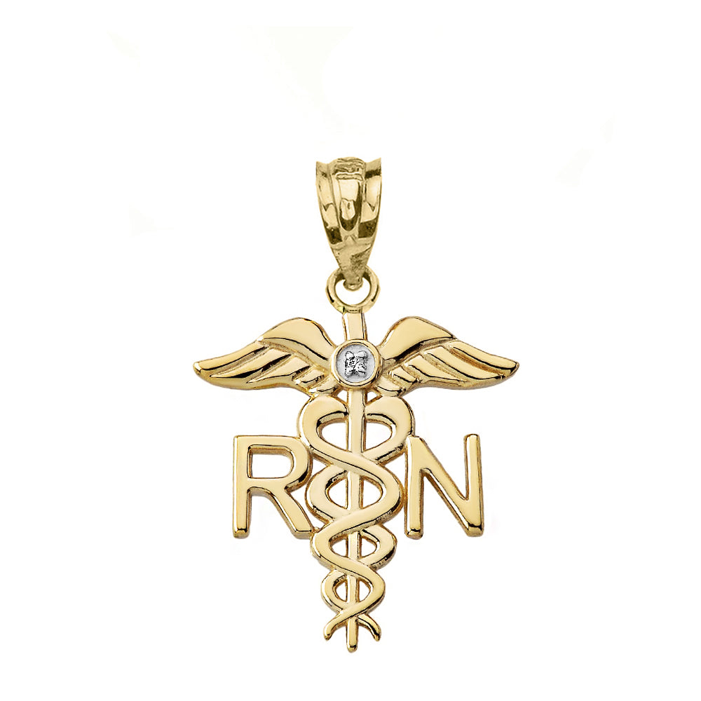 Gold Diamond Registered Nurse RN Caduceus Pendant Necklace, view 2