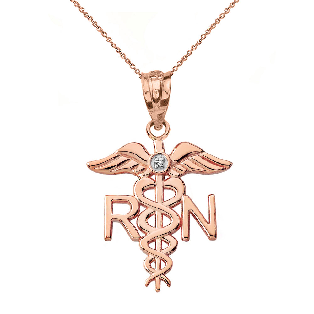 Gold Diamond Registered Nurse RN Caduceus Pendant Necklace, view 4