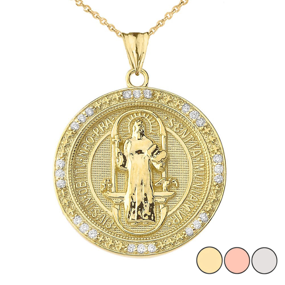 Gold Diamond Reversible Patron Saint Benedict Beaded Medallion Pendant Necklace