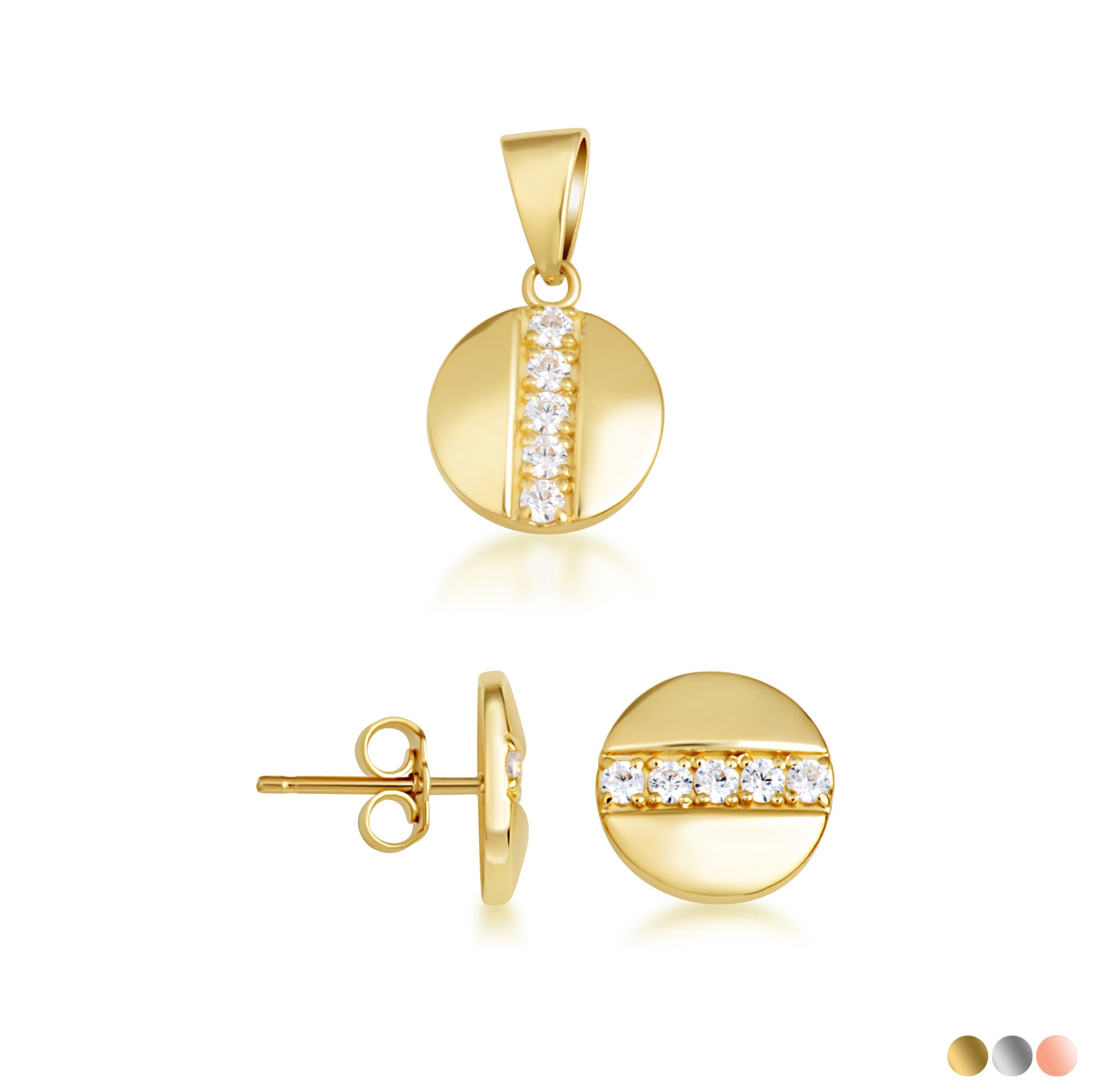 Gold Diamond Round Stud Earrings Pendant Necklace Set
