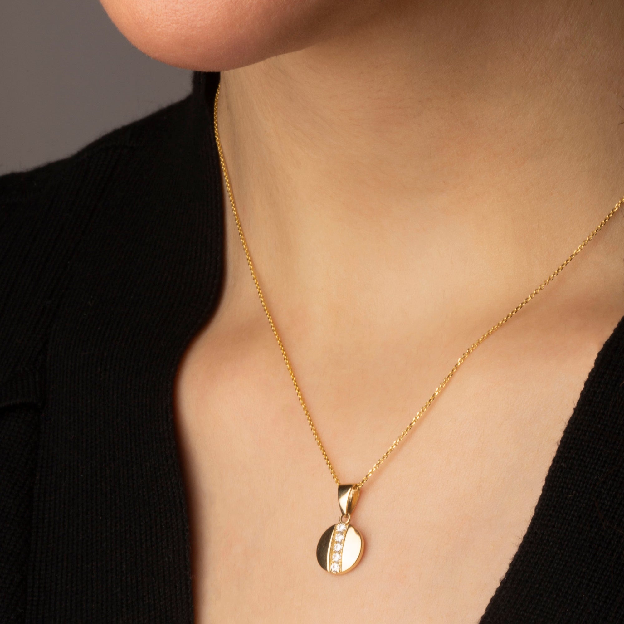 Gold Diamond Round Stud Earrings Pendant Necklace Set, view 2