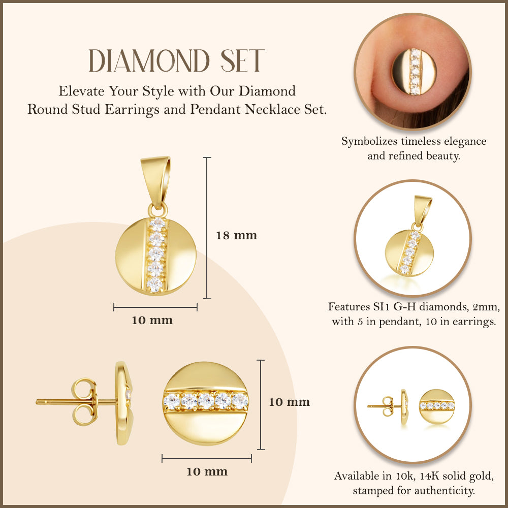 Gold Diamond Round Stud Earrings Pendant Necklace Set, view 4