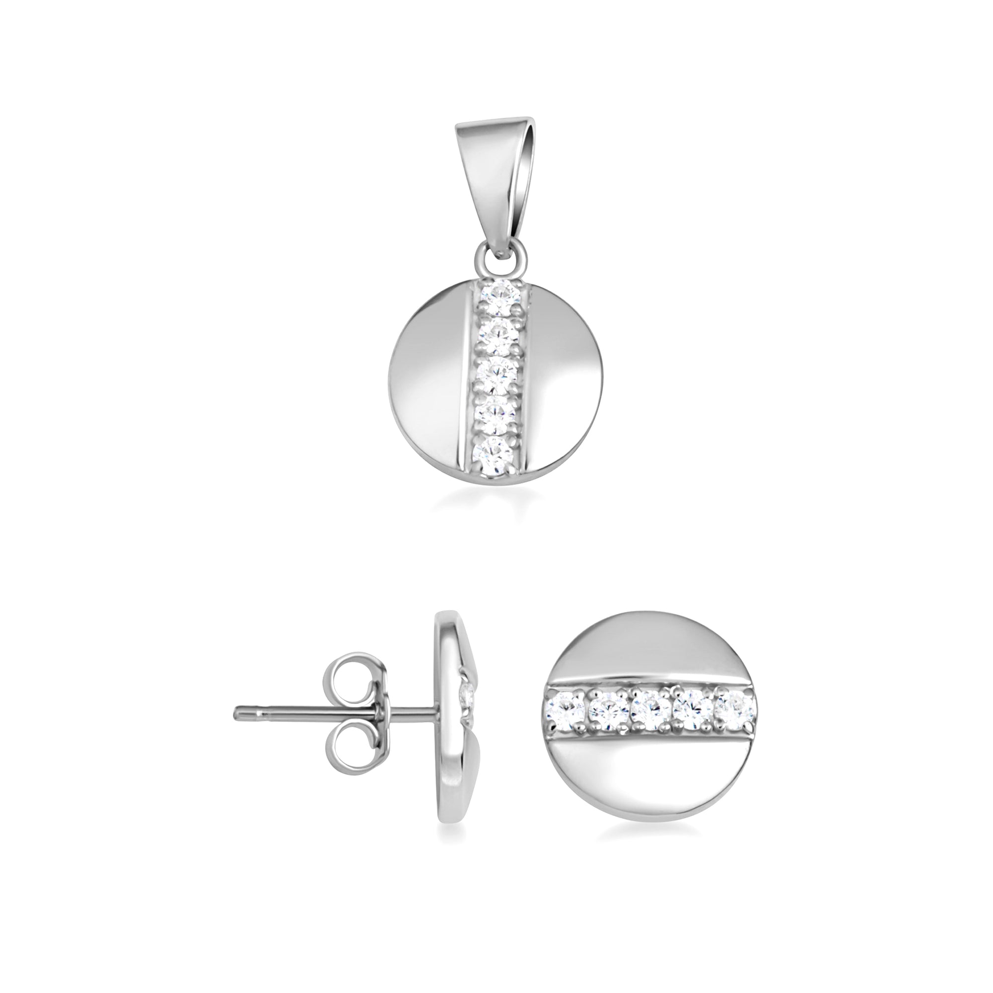 Gold Diamond Round Stud Earrings Pendant Necklace Set, view 9