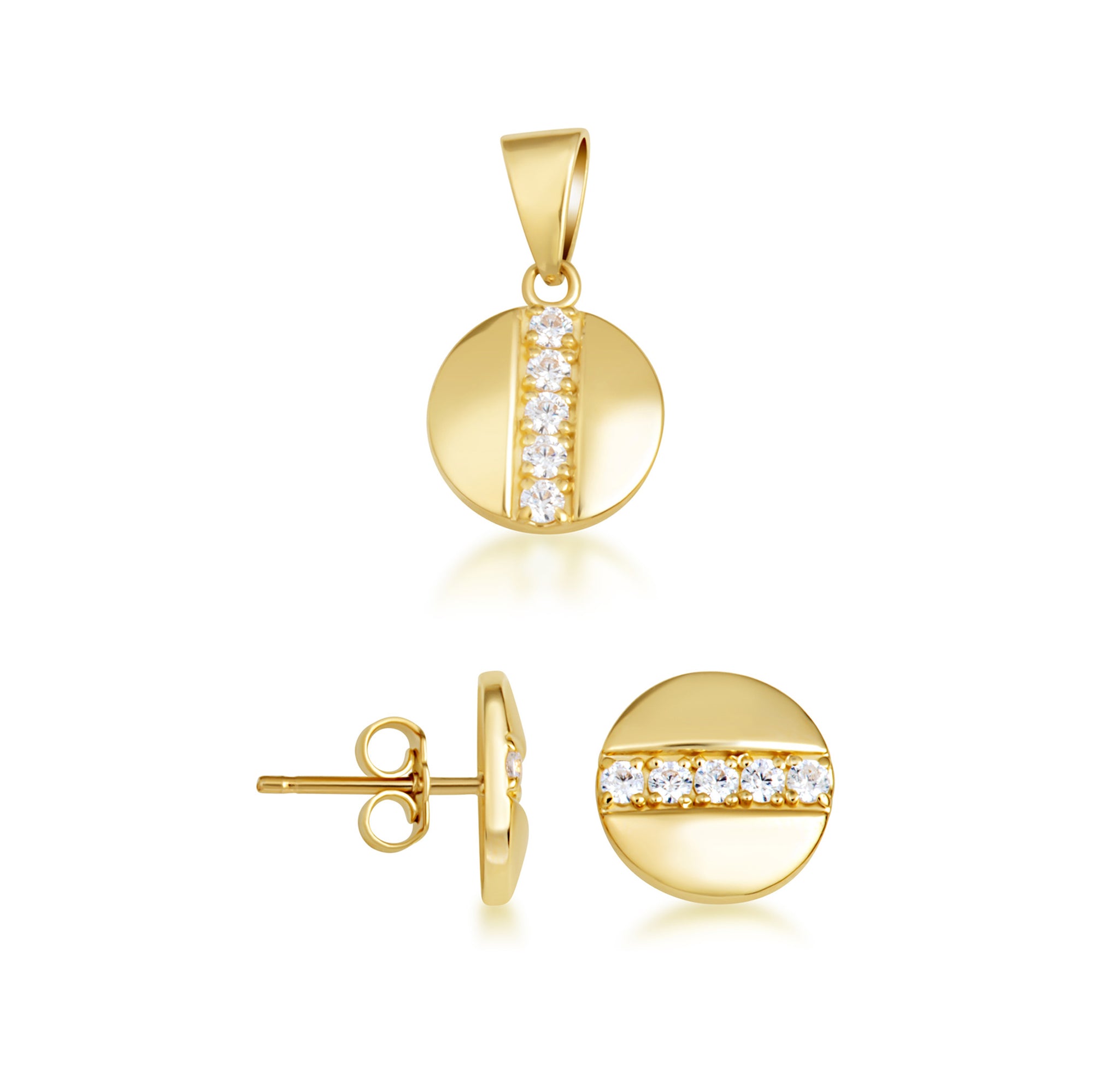 Gold Diamond Round Stud Earrings Pendant Necklace Set, view 10
