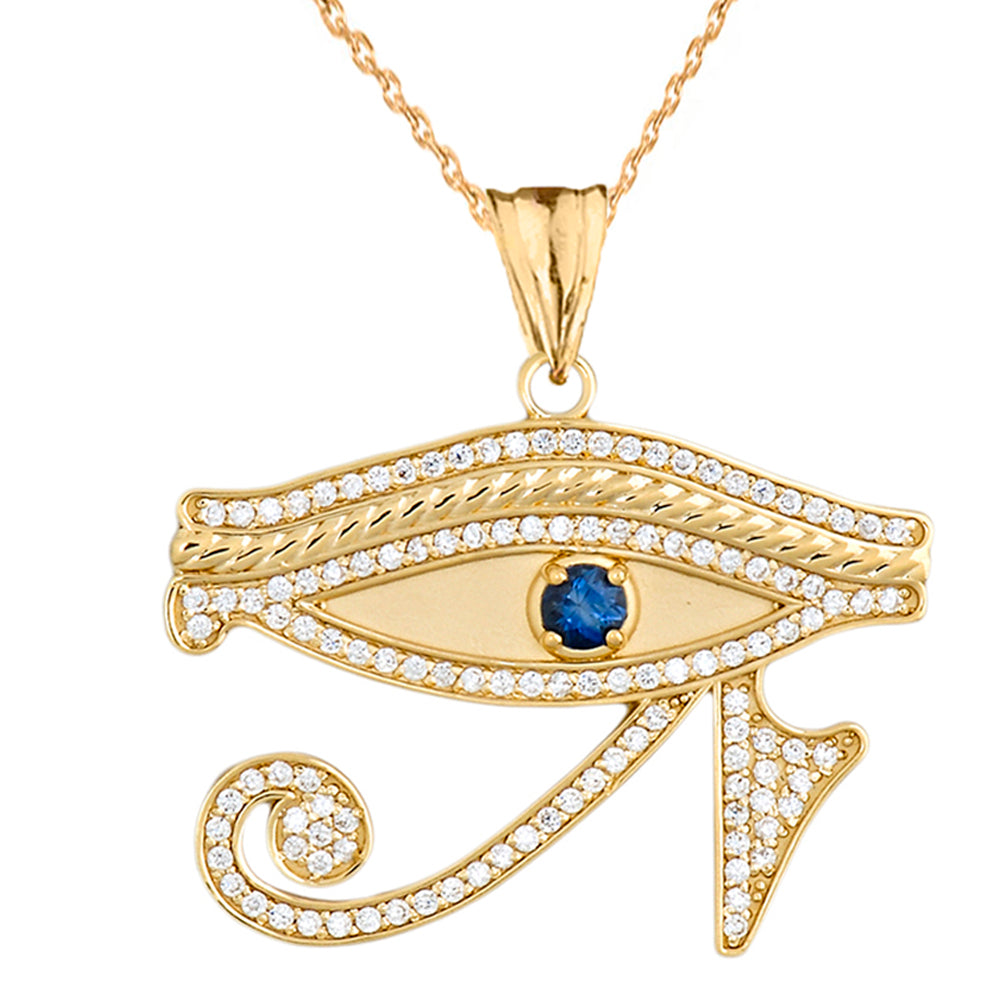 Gold Diamond Studded Egyptian Eye of Horus Wadjat Genuine Blue Sapphire Pendant Necklace