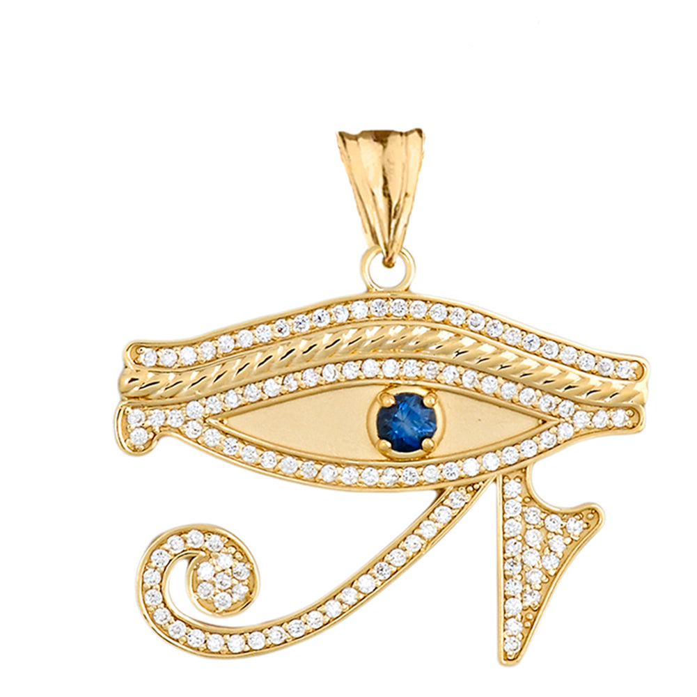 Gold Diamond Studded Egyptian Eye of Horus Wadjat Genuine Blue Sapphire Pendant Necklace, view 2