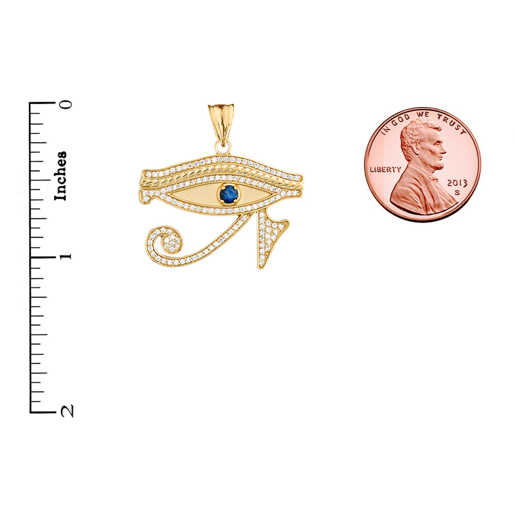 Gold Diamond Studded Egyptian Eye of Horus Wadjat Genuine Blue Sapphire Pendant Necklace, view 3