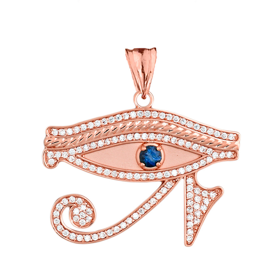 Gold Diamond Studded Egyptian Eye of Horus Wadjat Genuine Blue Sapphire Pendant Necklace, view 4