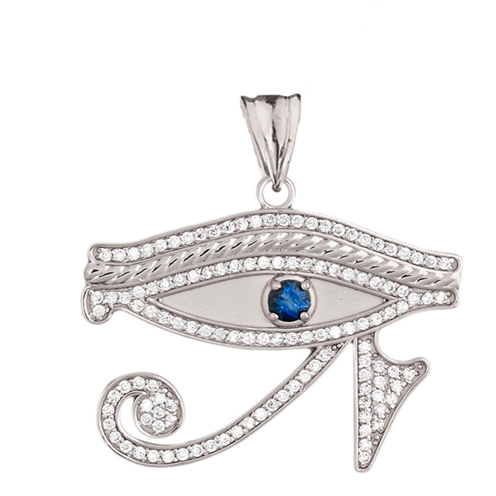Gold Diamond Studded Egyptian Eye of Horus Wadjat Genuine Blue Sapphire Pendant Necklace, view 6
