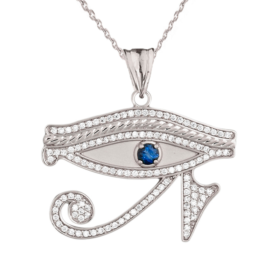 Gold Diamond Studded Egyptian Eye of Horus Wadjat Genuine Blue Sapphire Pendant Necklace, view 7