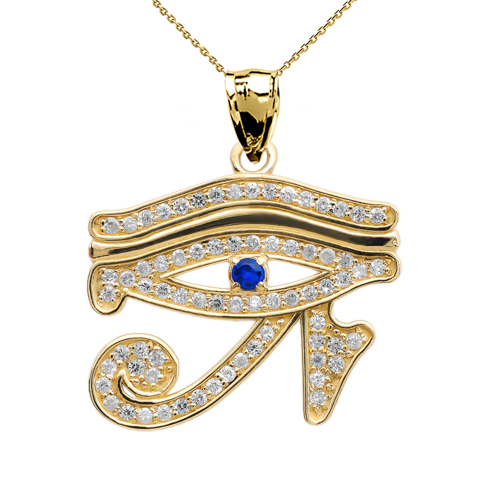 Gold Diamond Studded Egyptian Eye of Horus Wadjet Blue Sapphire Pendant Necklace