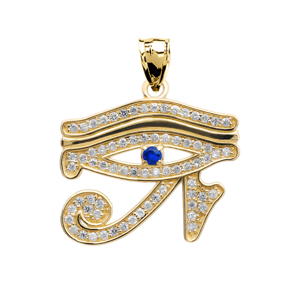 Gold Diamond Studded Egyptian Eye of Horus Wadjet Blue Sapphire Pendant Necklace, view 2