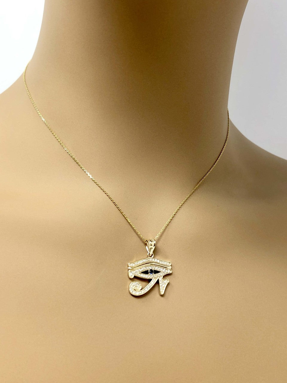 Gold Diamond Studded Egyptian Eye of Horus Wadjet Blue Sapphire Pendant Necklace, view 3