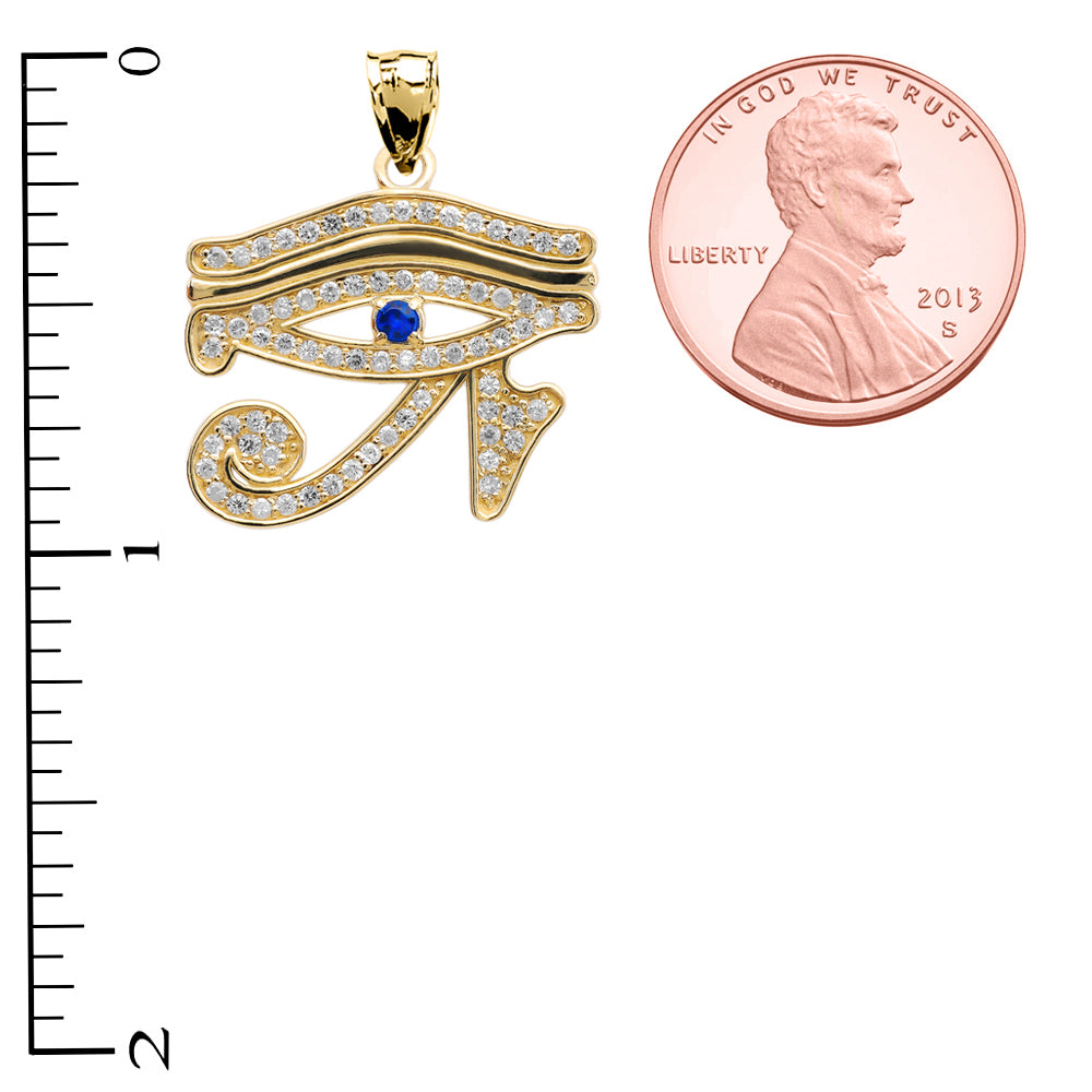 Gold Diamond Studded Egyptian Eye of Horus Wadjet Blue Sapphire Pendant Necklace, view 4