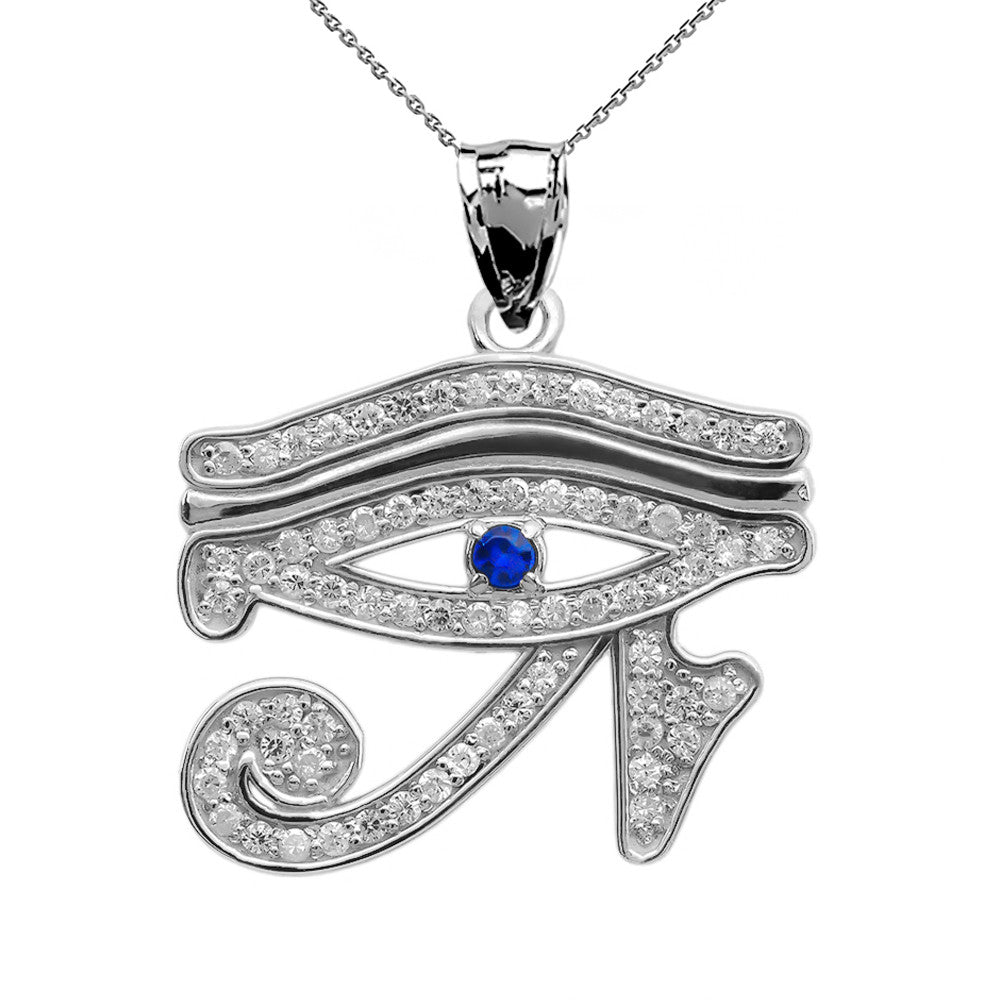 Gold Diamond Studded Egyptian Eye of Horus Wadjet Blue Sapphire Pendant Necklace, view 5
