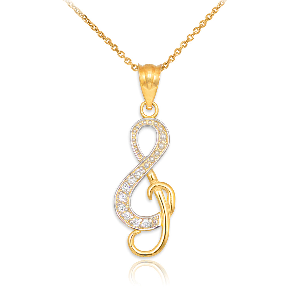 Gold Diamond Studded Gold Treble Clef Music Pendant Necklace
