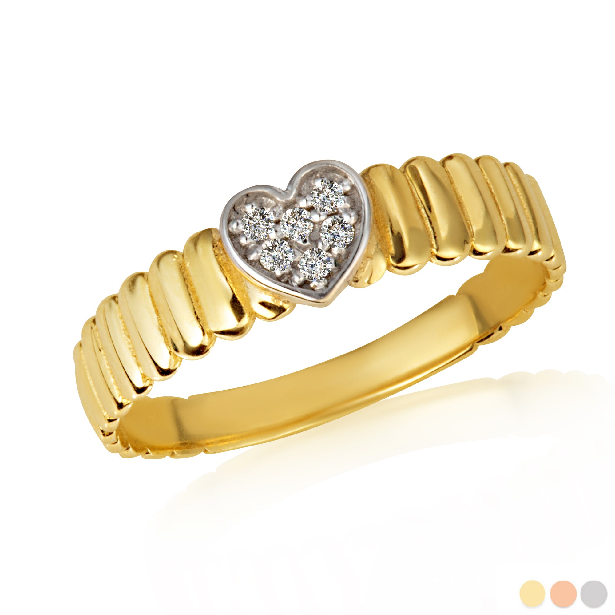 Gold Diamond Studded Heart Ribbed Band Ring