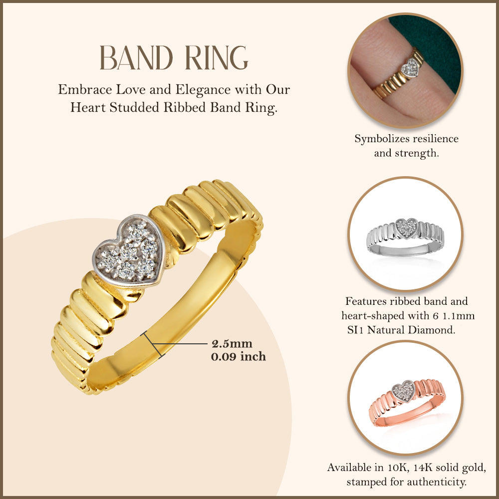Gold Diamond Studded Heart Ribbed Band Ring, view 3