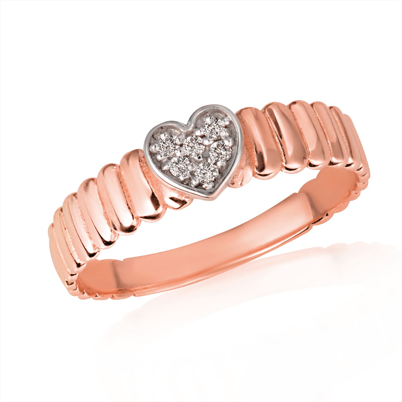 Gold Diamond Studded Heart Ribbed Band Ring, view 4
