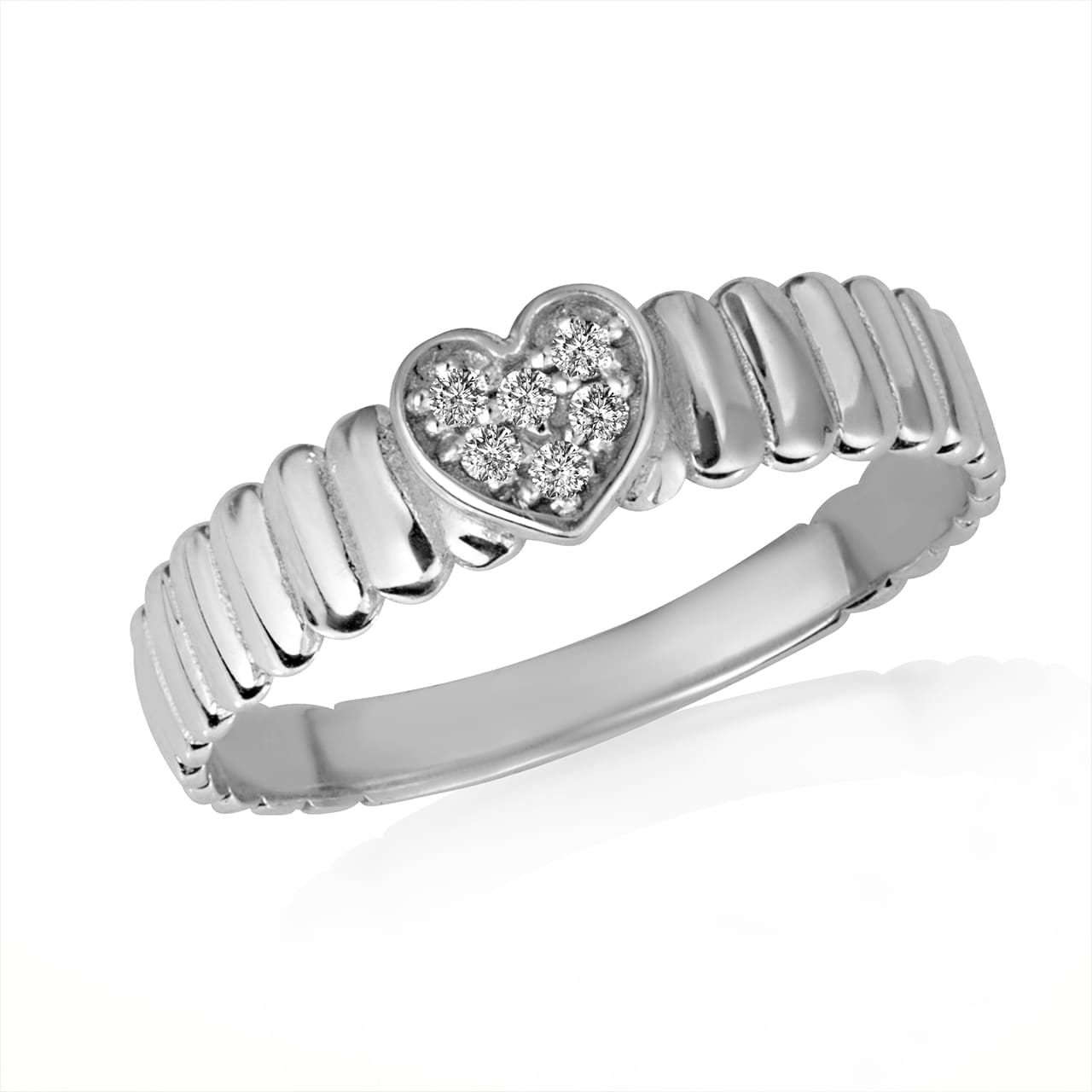 Gold Diamond Studded Heart Ribbed Band Ring, view 5