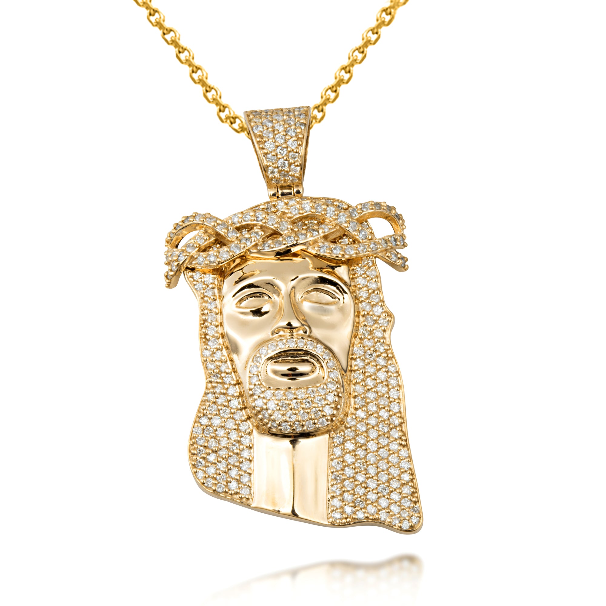 Gold Diamond Studded Jesus Christ Face Crown of Thorns Pendant Necklace (1.18")