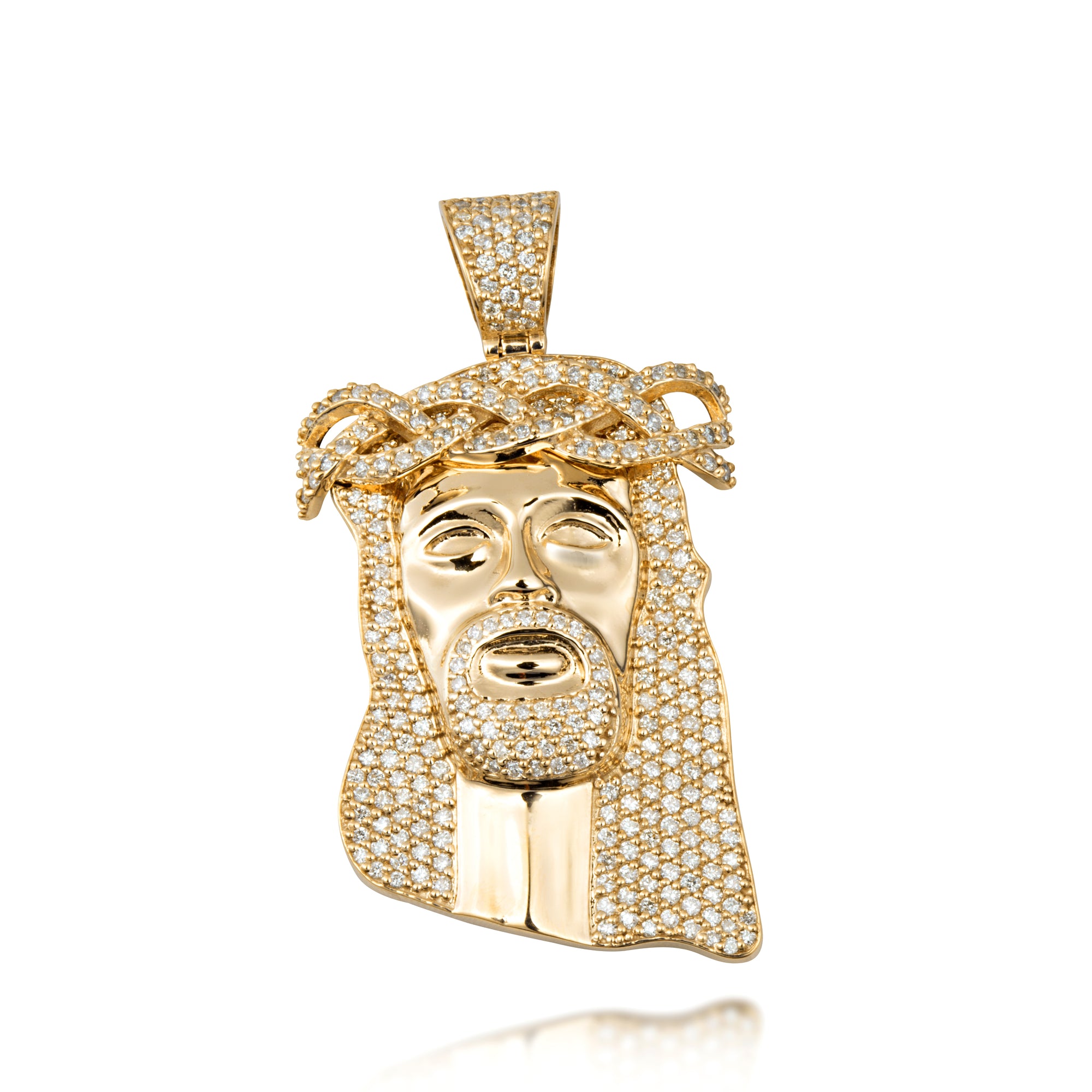 Gold Diamond Studded Jesus Christ Face Crown of Thorns Pendant Necklace (1.18"), view 2
