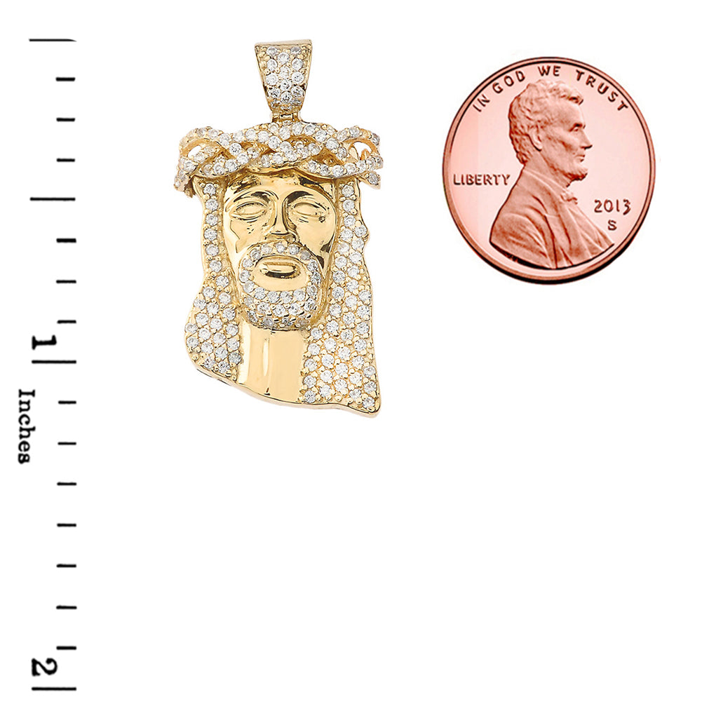 Gold Diamond Studded Jesus Christ Face Crown of Thorns Pendant Necklace (1.18"), view 3