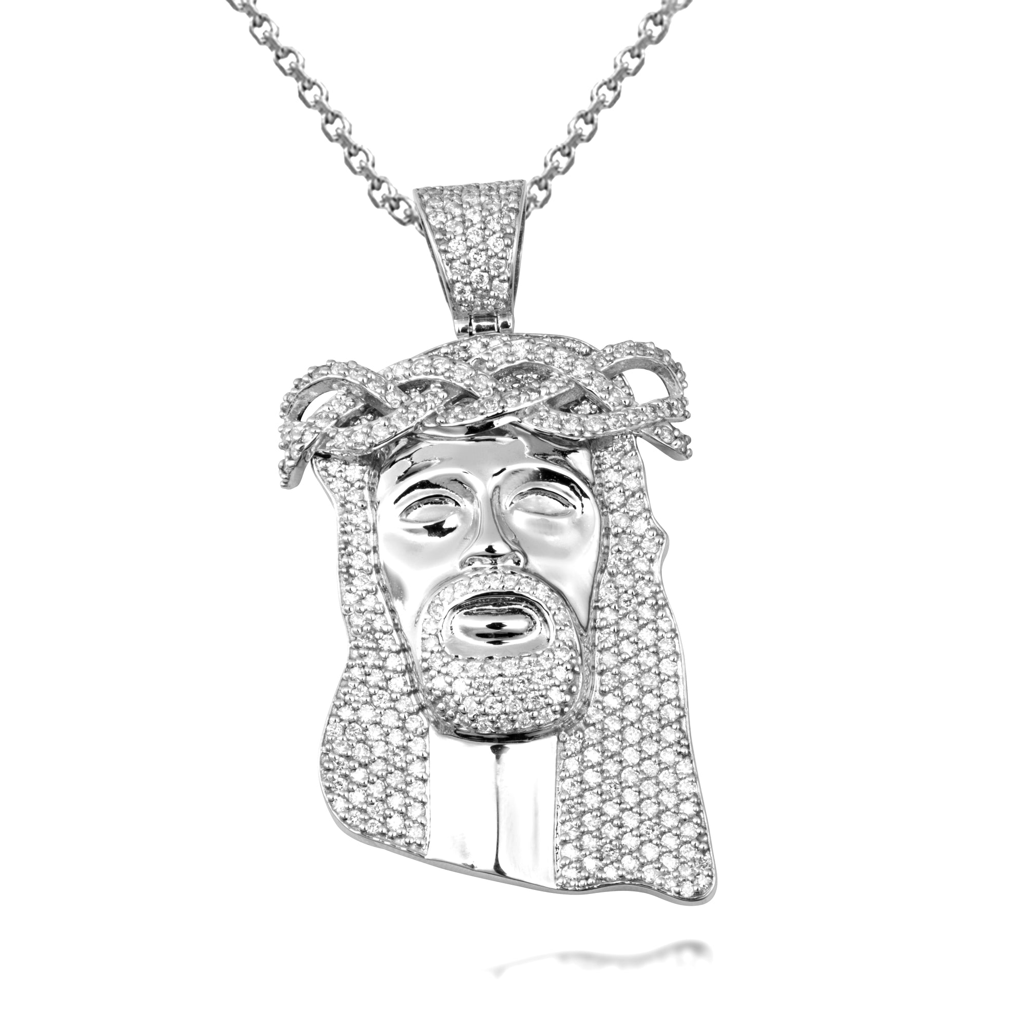 Gold Diamond Studded Jesus Christ Face Crown of Thorns Pendant Necklace (1.18"), view 4