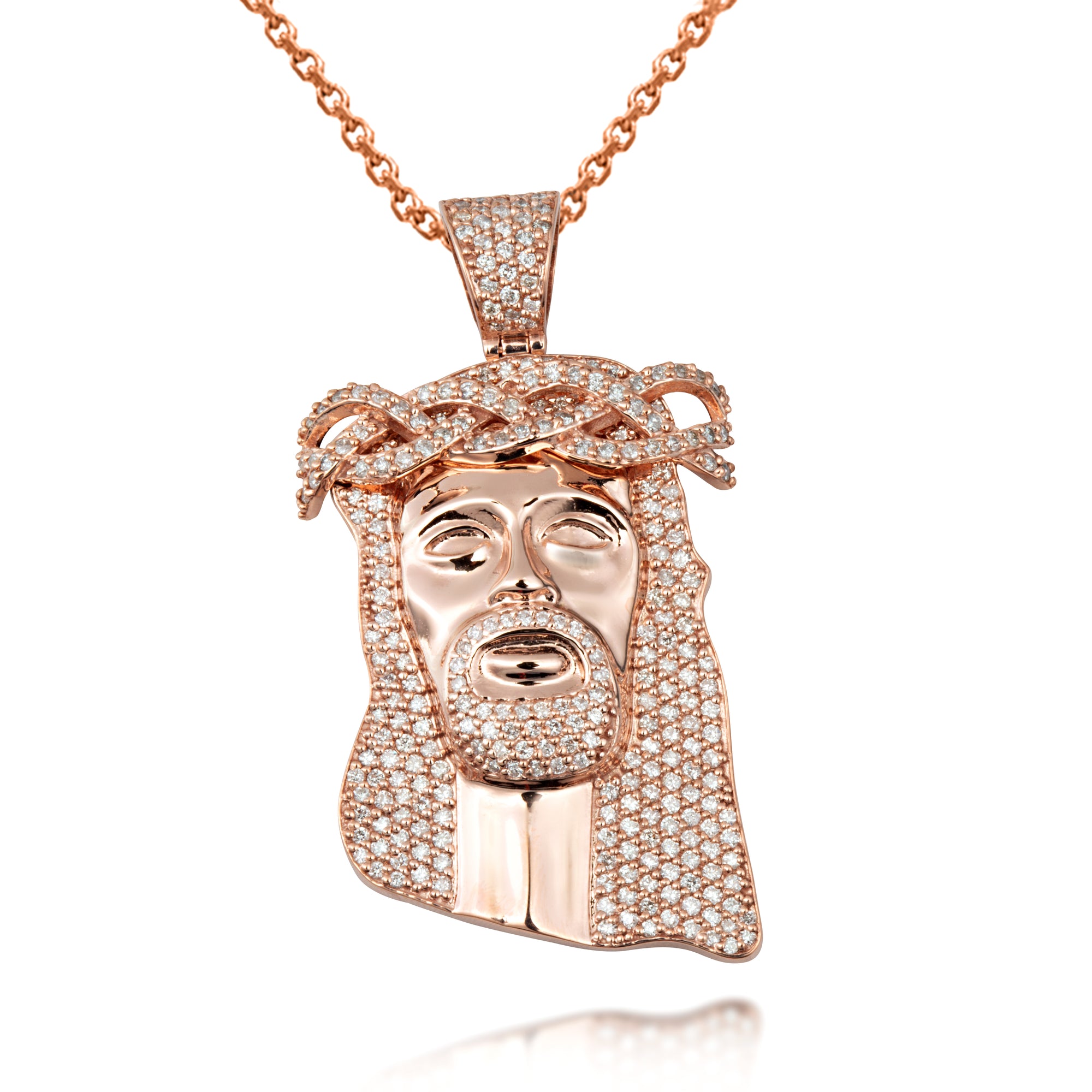 Gold Diamond Studded Jesus Christ Face Crown of Thorns Pendant Necklace (1.18"), view 7