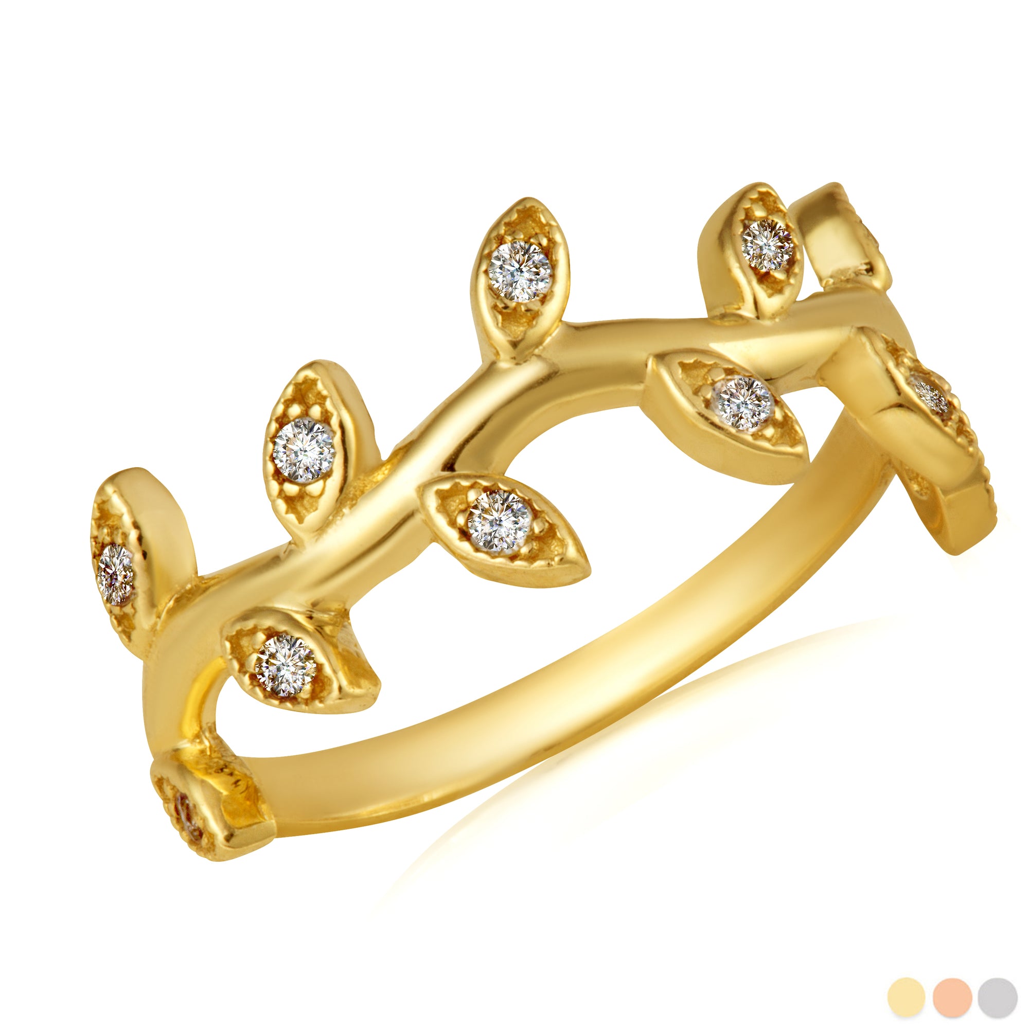 Gold Diamond Studded Olive Branch Vines Band Ring