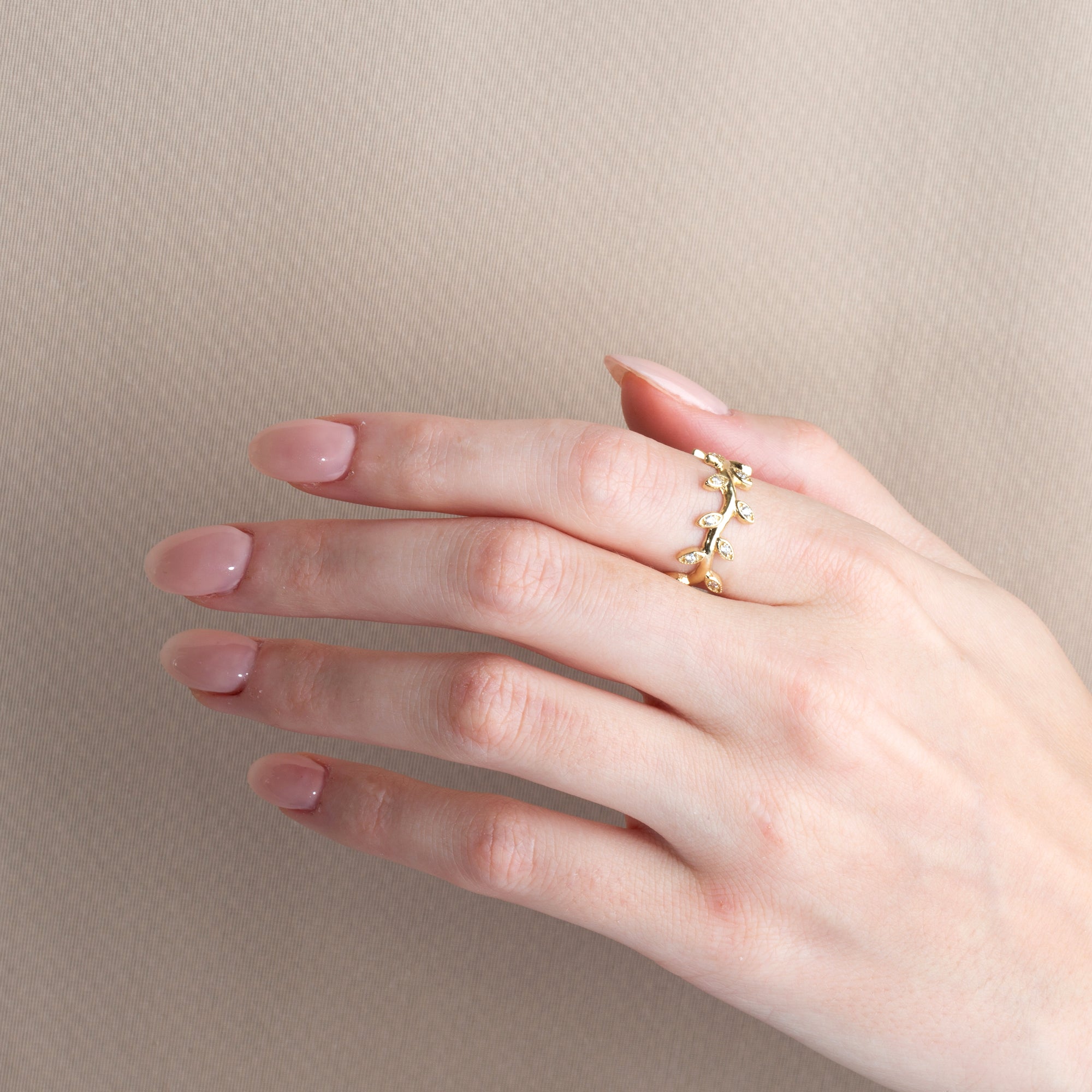 Gold Diamond Studded Olive Branch Vines Band Ring, view 2