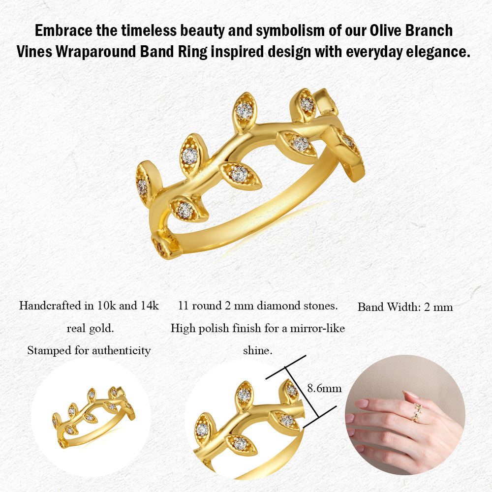 Gold Diamond Studded Olive Branch Vines Band Ring, view 3