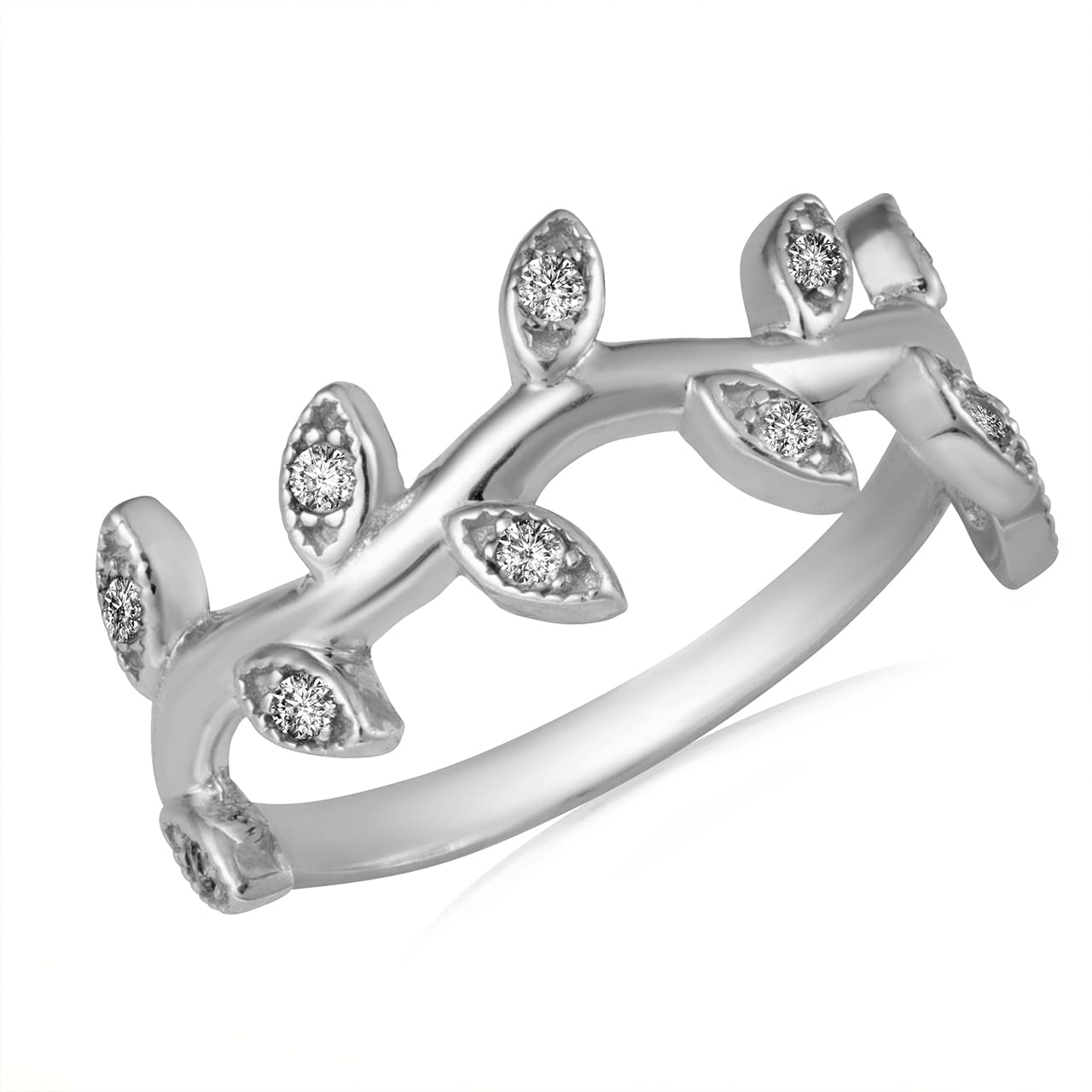 Gold Diamond Studded Olive Branch Vines Band Ring, view 4