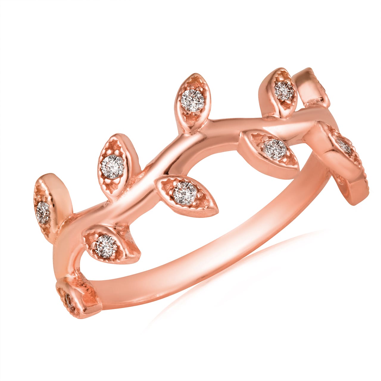 Gold Diamond Studded Olive Branch Vines Band Ring, view 5