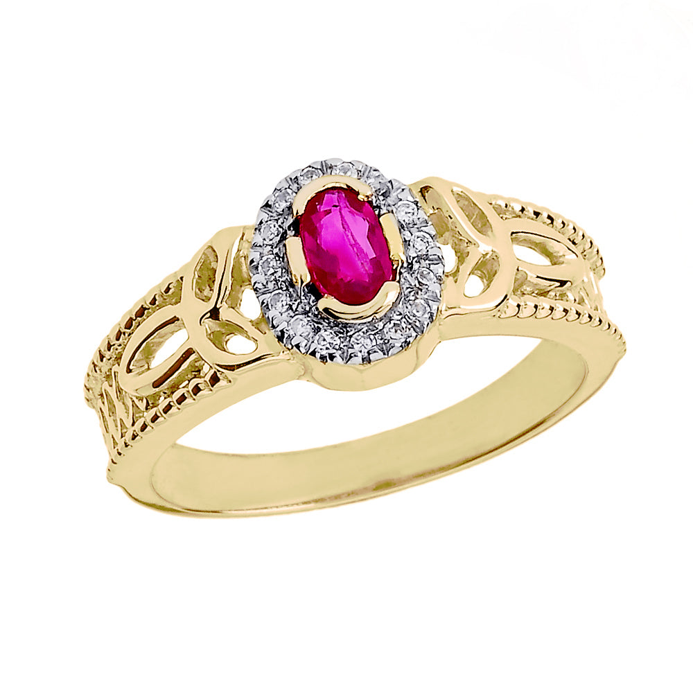 Gold Diamond Studded Ruby Gemstone Trinity Knot Women's Engagement Ring