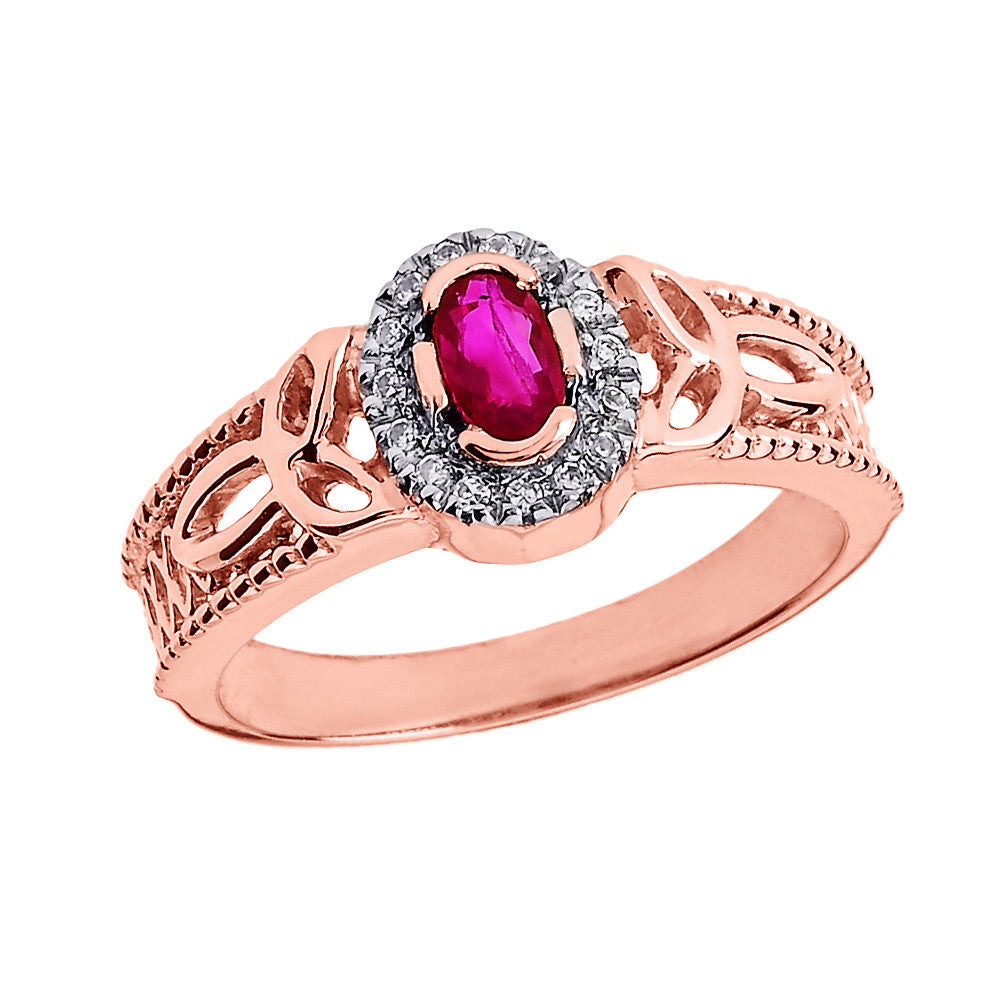Gold Diamond Studded Ruby Gemstone Trinity Knot Women's Engagement Ring, view 3
