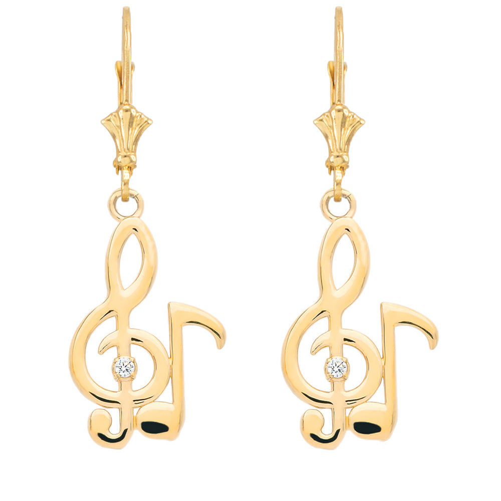 Gold Diamond Treble Clef Music Note Earrings
