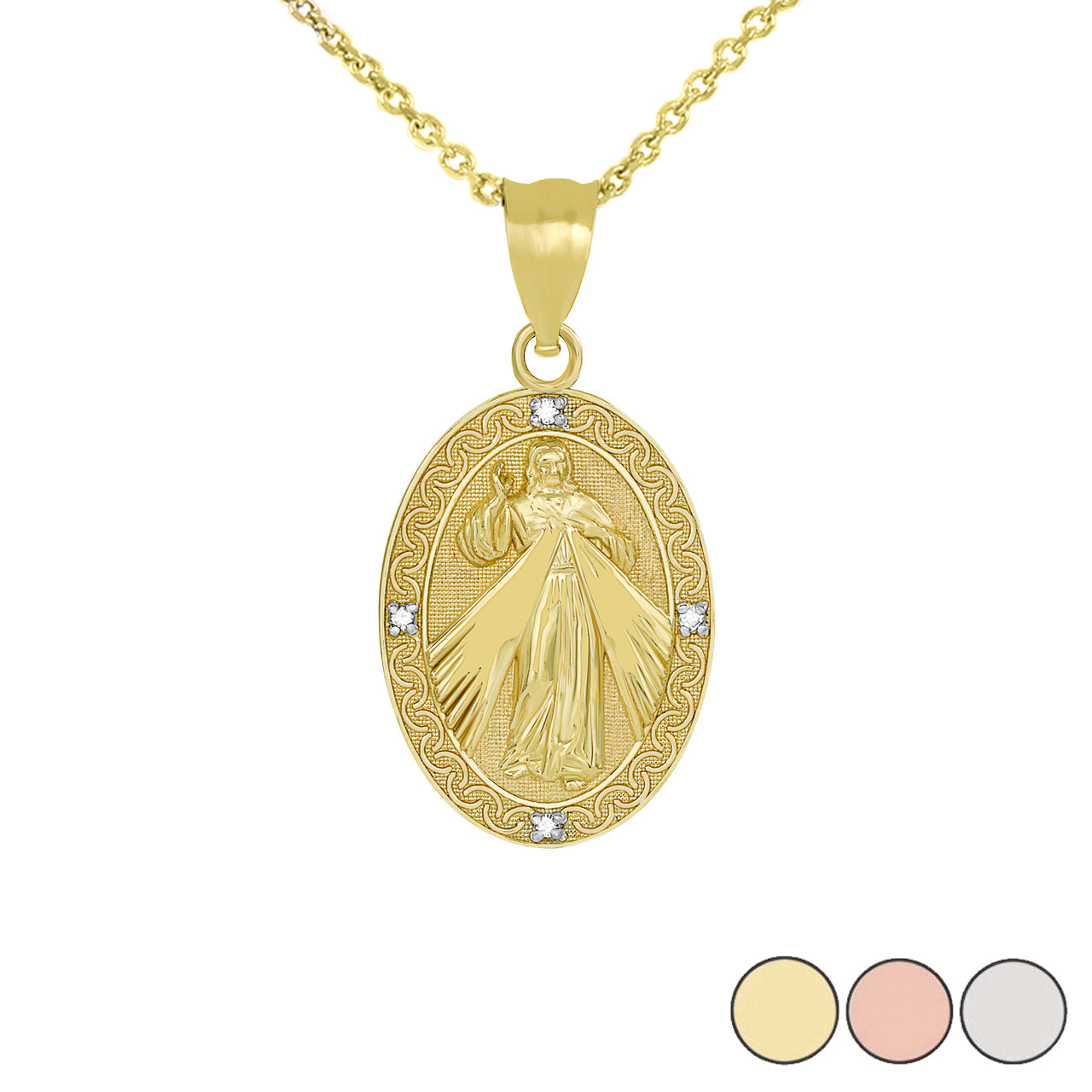 Gold Divine Mercy Oval Engravable Medallion with Diamonds Pendant Necklace